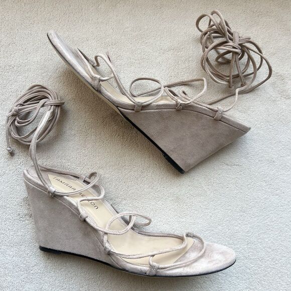 Tamara Mellon Allegra 80 Tan Taupe Suede Wedge Heel Sandal Women EU 41 US 9.5 - Picture 1 of 16